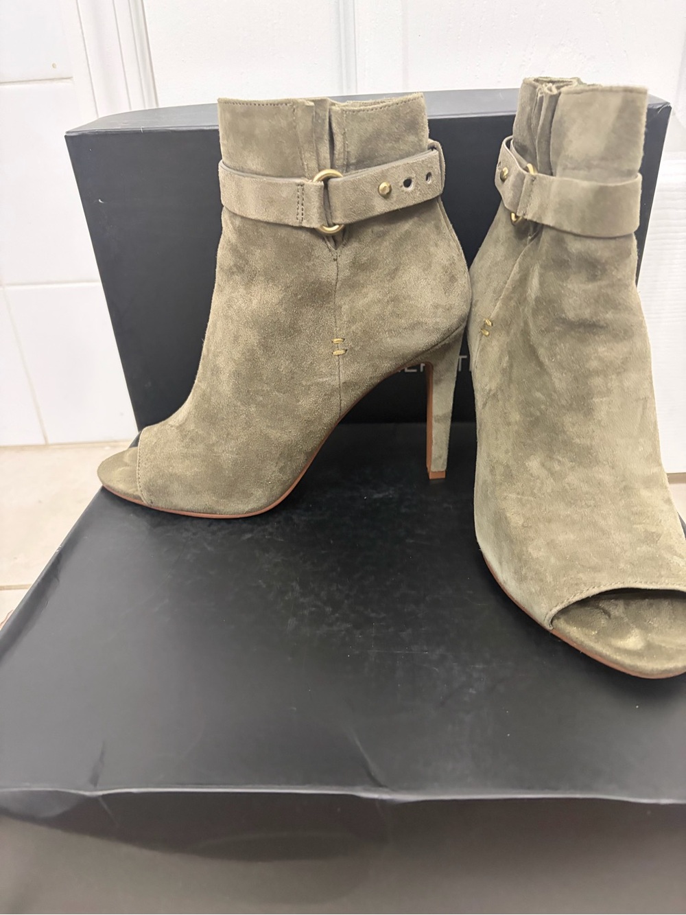 BCBGeneration Olive Suede Peep-Toe Ankle Booties with Buckle